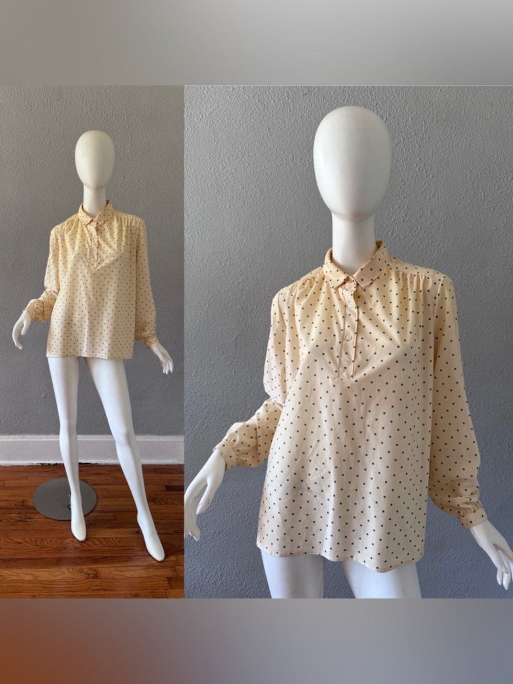 Vintage 70s Ivory Green Polka Dot MDME JORE'N Top Blouse XL